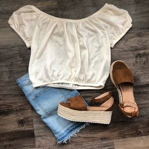 Juniors Tan Off the Shoulder Crop Top